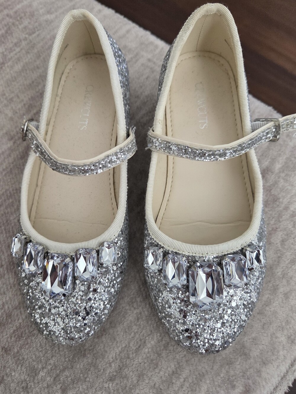 Crewcuts Silver Glitter Mary Jane Flats with Gem Embellishments